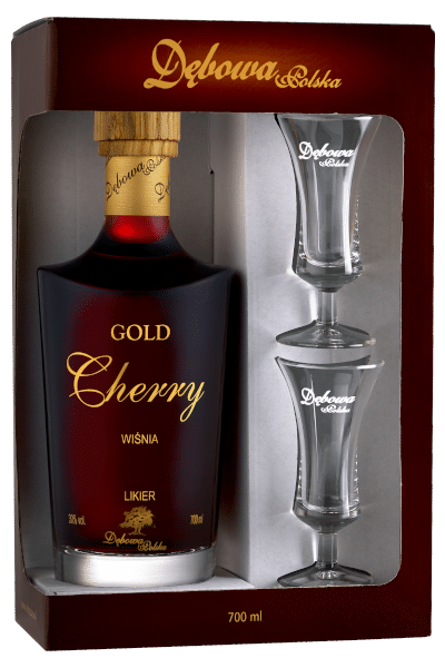 likier cherry 0 7 w ozdobnym etui z kieliszkami z firmowym nadrukiem