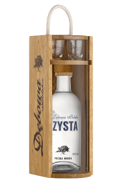 wódka czysta 0 7 w drewnianej skrzynce z kieliszkami z firmowym nadrukiem