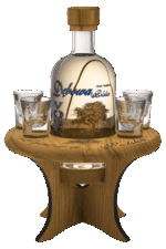 wódka dębowa 0 7 na drewnianym stoliku z kieliszkami z firmowym nadrukiem